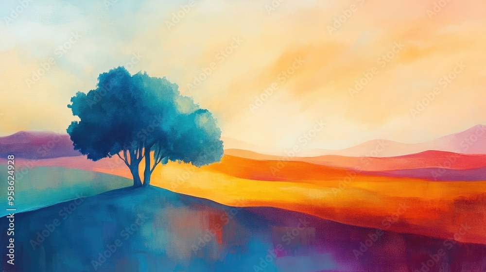 Canvas Prints A solitary blue tree on a hilltop overlooking a colorful sunset landscape