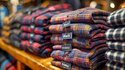 Stacked Plaid Shirts on Sale in Clothing Store Display