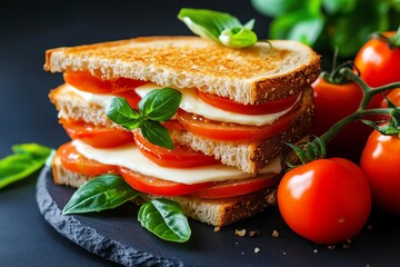 Frisches Sandwich, sonnengetrocknete Tomaten, Mozzarella bringen den Geschmack des Mittelmeers auf den Teller