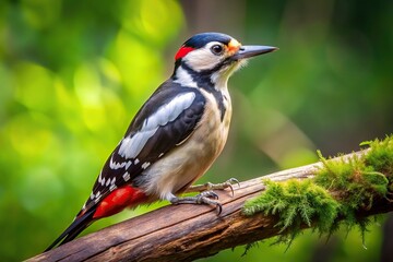 Obraz premium A close up shot of a great spotted woodpecker perched on a tree branch in a lush forest, great spotted woodpecker, ecosystem, close-up, feathered, woodland, forest, bird, birdwatching
