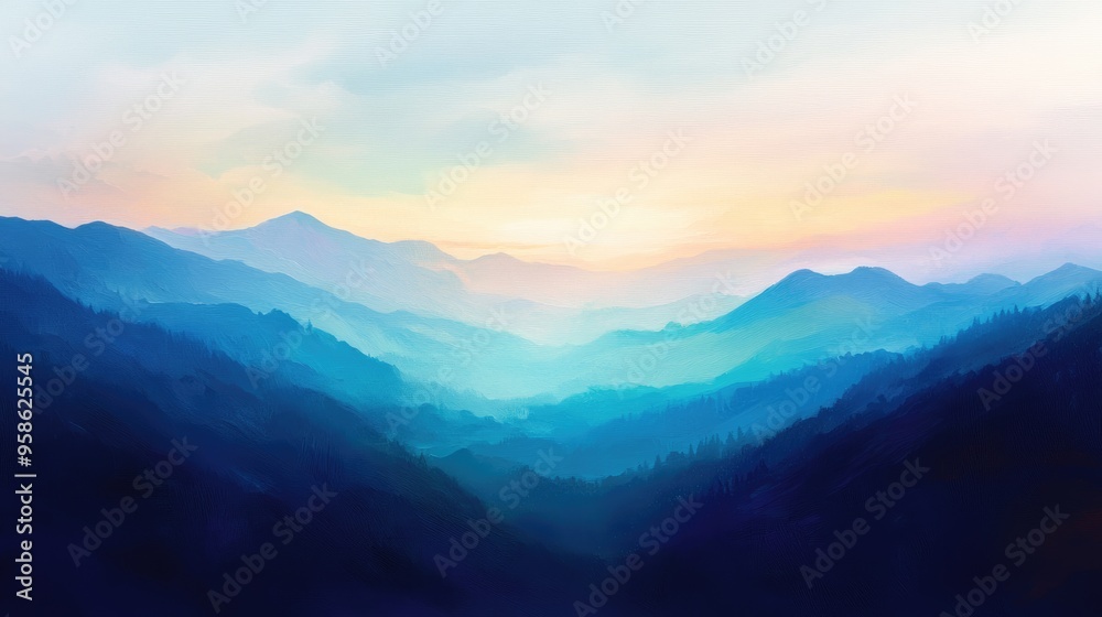 Canvas Prints Blue Hues of a Misty Mountain Range at Sunset