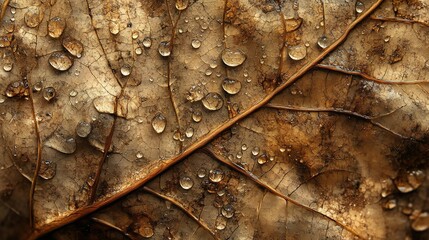 Fototapeta premium Close-up view of water droplets resting on fallen autumn leaves in a natural setting during early morning hours
