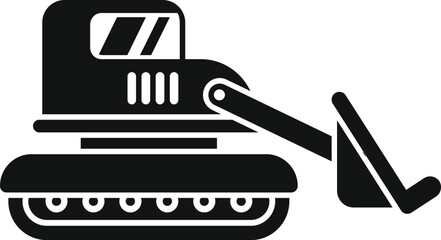 Black and white silhouette of a small bulldozer excavator moving ground with shoveling bucket
