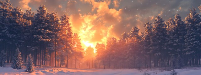 A panoramic view of an enchanted winter forest at sunset, with tall trees covered in snow and the warm glow of sunlight filtering through them