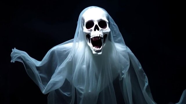 ghost evil skull figure white shroud floating dark background halloween horror spooky spectral apparition scary ethereal entity haunted motion video