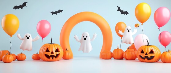 Fototapeta premium A festive Halloween scene featuring playful ghosts, pumpkins, balloons, and bats, perfect for holiday celebrations and decorations.