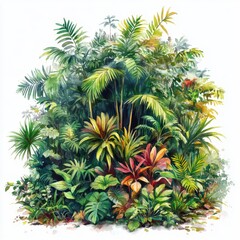 Fototapeta premium Serene Rainforest Oasis: Watercolor Painting of Lush Environment with Earthy Tones on White Background
