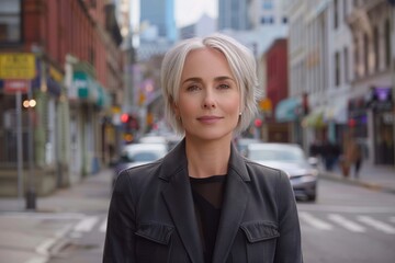 A confident middle-aged woman with short gray hair stands on a bustling urban street wearing a black jacket, with soft city lights and buildings in the background