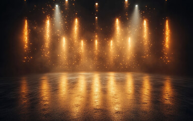 Dramatic stage lighting with bright spotlights shining down, creating a captivating atmosphere with sparkling effects and reflections on a wet surface.
