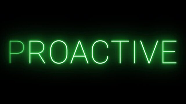 Flickering neon green glowing proactive text animated on black background