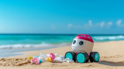 Obraz premium Robotic device scanning and collecting microplastics from sandy beaches, representing automated cleanup efforts