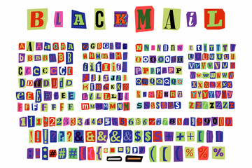 Blackmail Ransom Anonymous Notes Collage Style Font Vector Alphabet. English Latin Colorful Criminal Letters, Numbers and punctuation symbols. Cut out ransom kidnapper Letters