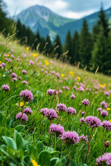 Obraz premium Clover flowers on the slope among the grass. Alpine meadows close up