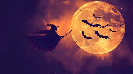 Mystical Moonlit Night with Witch's Silhouette and Bats in Flight