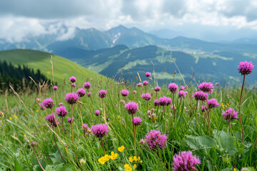 Obraz premium Clover flowers on the slope among the grass. Alpine meadows close up