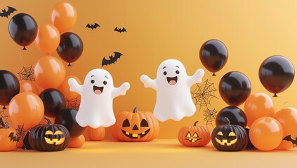 Cheerful Halloween scene featuring playful ghosts, colorful balloons, and festive pumpkins for a fun celebration.