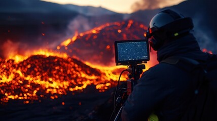 A volcanologist captures footage of a flowing lava eruption while wearing safety gear and observing the magnificent landscape.