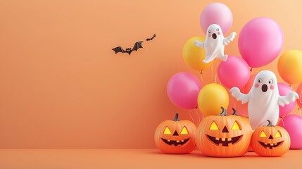 Naklejka premium A festive Halloween scene featuring pumpkins, balloons, and playful ghosts against a vibrant orange backdrop.