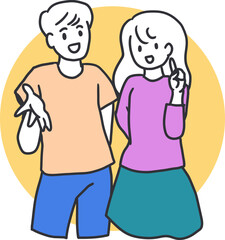 Information Share Young Couple Educational Talk Art. Perfect for educational materials, online courses, and any digital content aiming to attract a youthful audience.