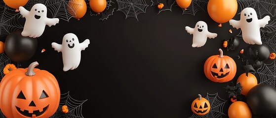 Spooky Halloween decorations with playful ghosts, vibrant pumpkins, and cobwebs against a black background for festive vibes.