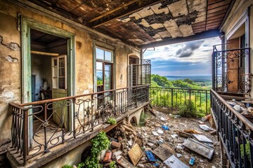 An abandoned house with a wide angle view shows a dilapidated balcony cluttered with metal trash, wide-angle, view, house, dilapidated, metal trash, abandoned