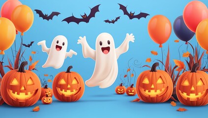 Naklejka premium Cheerful Halloween scene featuring playful ghosts, pumpkins, colorful balloons, and bats against a bright blue background.