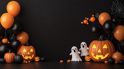 Festive Halloween scene featuring pumpkins, ghosts, and balloons in classic orange and black colors, set against a dark backdrop.