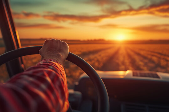 Farmer driving a tractor in his field at sunset