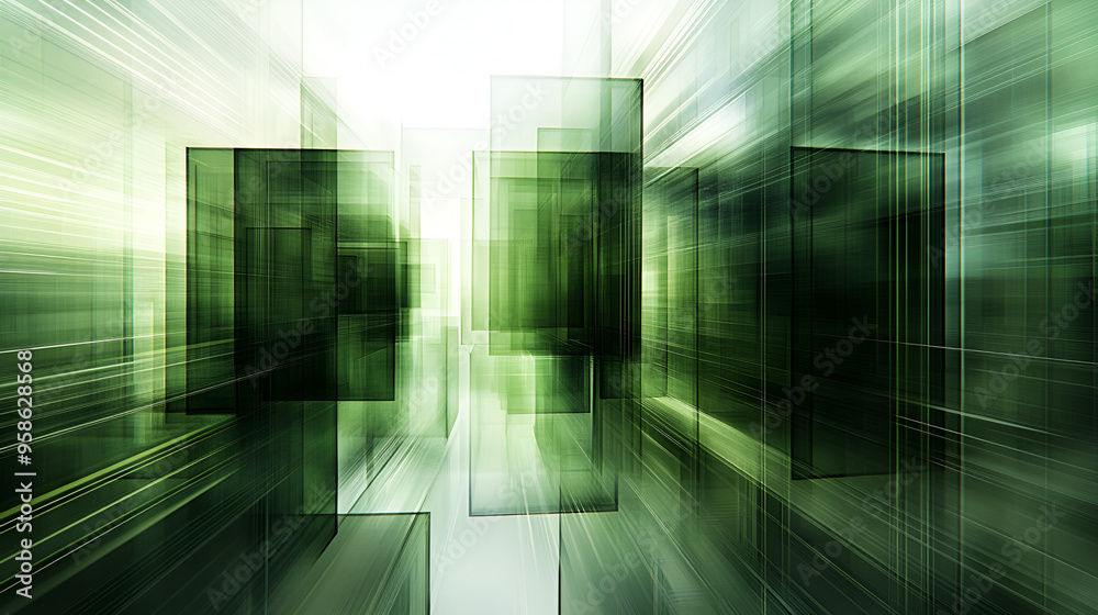 Poster abstract green geometric shapes creating a motion effect in a futuristic setting during daylight hou