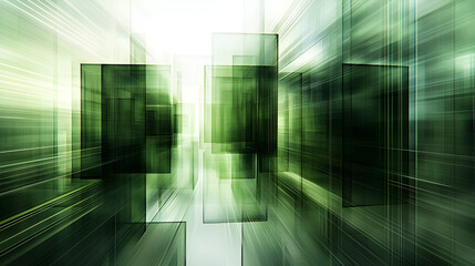 Abstract green geometric shapes creating a motion effect in a futuristic setting during daylight hours