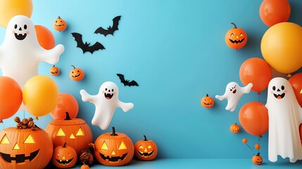 Fototapeta premium A festive Halloween scene featuring balloons, ghosts, pumpkins, and bats against a bright blue background.