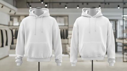 Realistic white hoodie displayed front and back on a mannequin, with a softly blurred clothing store background. Ideal for use in fashion design, retail marketing, or product mockups.