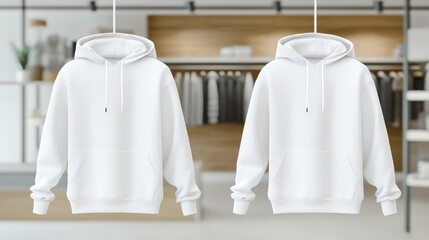Realistic front and back mockup of a white hoodie, set against a softly blurred background of a clothing store. Perfect for apparel branding, e-commerce, or custom design previews.