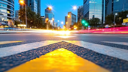 Obraz premium Urban Energy: Night Scene of Bustling Intersection with Dynamic Light Trails and Pedestrian Flows