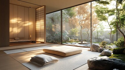 Minimalist Japanese-style Living Room with Garden View