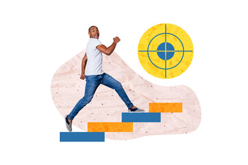 Composite photo collage of happy american businessman run career ladder promotion concept progress target isolated on painted background