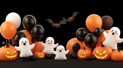 Colorful Halloween scene featuring playful ghosts, balloons, and carved pumpkins, perfect for festive celebrations.