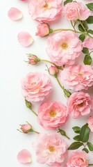 Obraz premium A beautiful garland of pink roses and lush green leaves creates an elegant floral border, ideal for wedding invitations or romantic greeting cards, leaving space for text