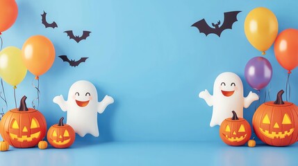 Fototapeta premium Playful Halloween scene with cheerful ghosts, pumpkins, balloons, and bats against a vibrant blue background.