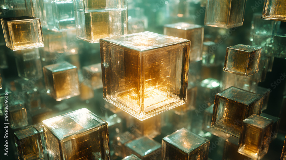 Poster floating glass cubes illuminated by soft light in an abstract digital environment, creating a mesmer