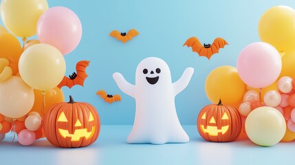 Fototapeta premium A cheerful Halloween scene featuring a friendly ghost, carved pumpkins, colorful balloons, and playful bats.