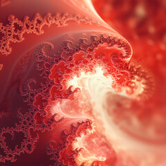 Abstract red fractals with fluid dynamics.