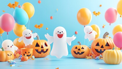 Fototapeta premium Cheerful Halloween scene with playful ghosts, colorful balloons, and festive pumpkins, perfect for holiday celebrations.