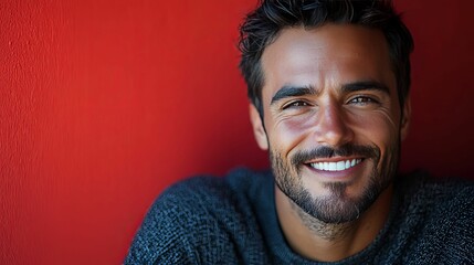 Close-up Portrait of a Smiling Man with a Beard Against a Red Wall