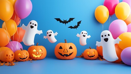 Naklejka premium Spooky Halloween scene featuring playful ghosts, spooky pumpkins, colorful balloons, and flying bats, perfect for festive celebrations.