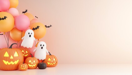 Obraz premium Festive Halloween decoration with playful ghosts, colorful balloons, and carved pumpkins ready for spooky celebrations.