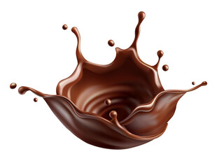 Sweet milk chocolate splash with drops, bubbles and blots. Melting liquid fluid crown drops. Isolated on white background. Vector illustration.