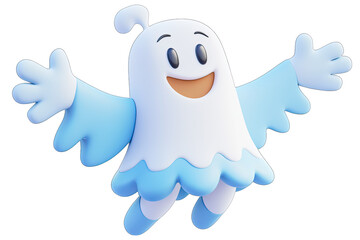A cheerful cartoon ghost with blue accents, spreading joy and fun in a playful stance, perfect for Halloween-themed designs.