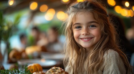 A young girl with long wavy hair smiling brightly while seated at a festive dinner table decorated with lights and pumpkins, capturing the essence of a joyful and warm gathering