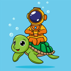 cute yellow diver riding a turtle while meditating. vector illustration. cartoon style.